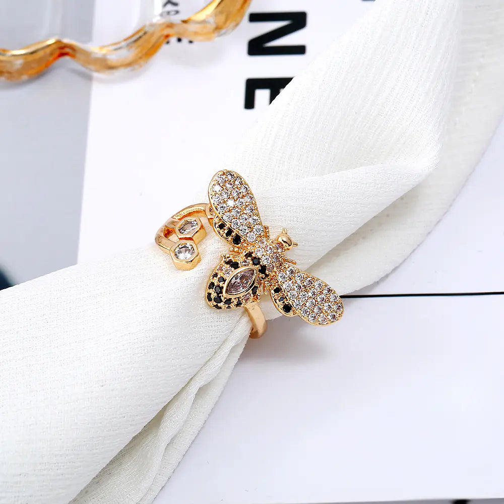 Korean Minimalist Fashion Bee Ring with Full Rhinestones