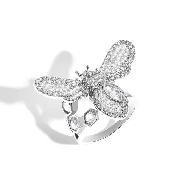 Korean Minimalist Fashion Bee Ring with Full Rhinestones