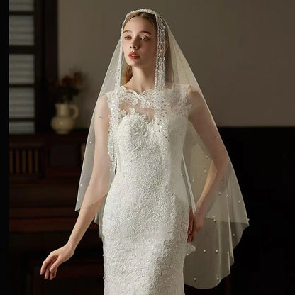 Romantic Long Wedding Veil - 1 Tier Pearls Edge Beading Bridal Headpiece (White) velos para la iglesia