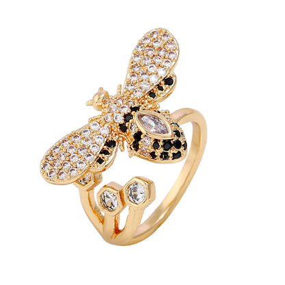 Korean Minimalist Fashion Bee Ring with Full Rhinestones