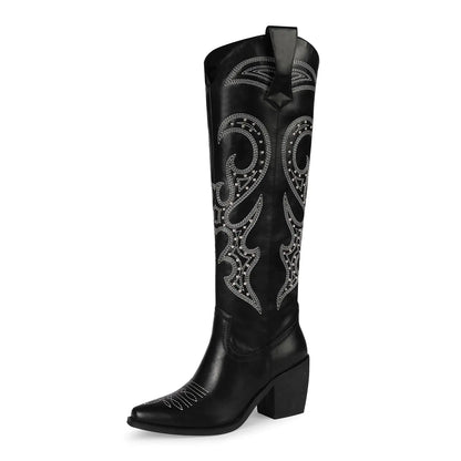 wetkiss Black Cowboy Boots for Women Black Cowgirl Boots Western Boots Women Knee High Tall Cowboy Boots Women Boots Knee High Botas Vaqueras Para Mujer Cowboy Cowgirl Costume for Women