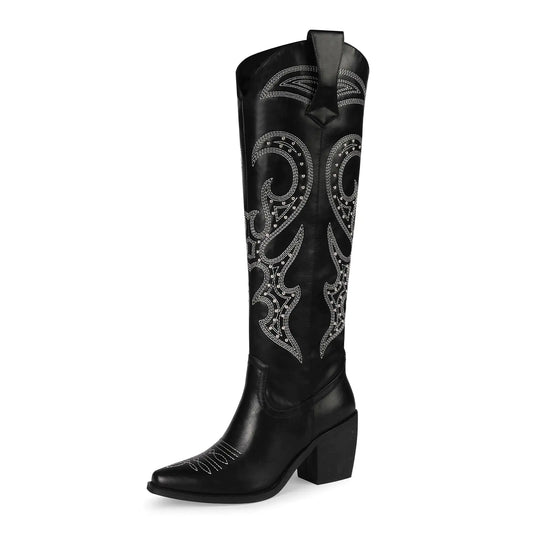 wetkiss Black Cowboy Boots for Women Black Cowgirl Boots Western Boots Women Knee High Tall Cowboy Boots Women Boots Knee High Botas Vaqueras Para Mujer Cowboy Cowgirl Costume for Women