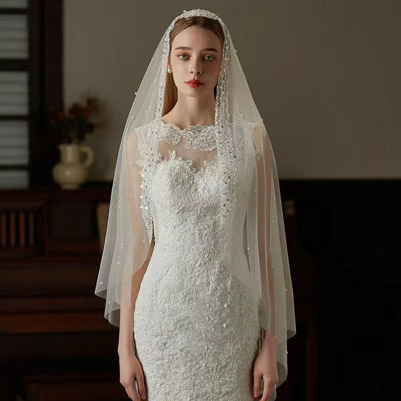 Romantic Long Wedding Veil - 1 Tier Pearls Edge Beading Bridal Headpiece (White) velos para la iglesia