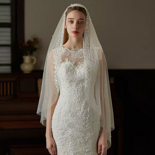 Romantic Long Wedding Veil - 1 Tier Pearls Edge Beading Bridal Headpiece (White) velos para la iglesia